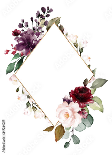 Card Watercolor Invitation Design With Burgundy And Red Roses Leaves Flower Background With Floral Elements Botanic Watercolor Illustration Vintage Template Frame Buy This Stock Illustration And Explore Similar Illustrations At