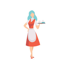 Canvas Print - Female Waitress Character Wearing Apron Standing with Tray Vector Illustration