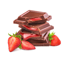 Wall Mural - pieces of black chocolate with a strawberry filling on a white background