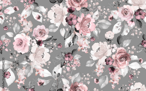 Materiał do szycia Seamless pattern with flowers and leaves. Hand drawn background. floral pattern for wallpaper or fabric. Flower rose. Botanic Tile.