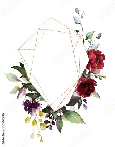 Card. Watercolor invitation design with burgundy and red roses, leaves. flowe...