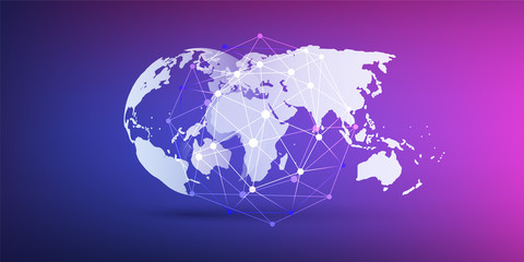cloud computing and networks concept, world map and network mesh on purple background - global digit