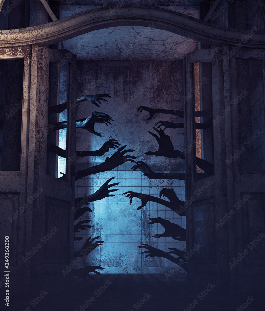 House of a thousand hands,Undead hands behind the doors in a haunted house,3d rendering - obrazy, fototapety, plakaty 