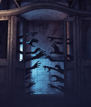 House Of A Thousand Hands,Undead Hands Behind The Doors In A Haunted House,3d Rendering