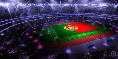 Wall Mural - people hold Portugal flag in stadium arena. field 3d photorealistic render illustration