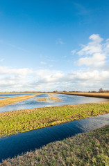 Sticker - Flooded polder landscape in the winter season at the end of a stormy day. The photo was taken in the Zonzeelse Polder, near the village of Wagenberg, North Brabant, Netherlands.