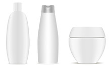 Bottle Collection Mockup. Cosmetic Jar Template. White Container For Perfume, Shampoo, Cream. 3d Cosmetics Brand Blank.