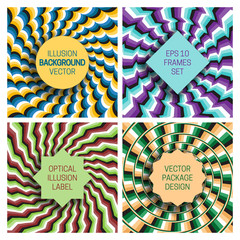 Set of various frames on optical illusion backgrounds. Original labels templates for packaging design with hypnotic effect.