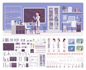 Female young scientist working in laboratory, office interior creation kit, workspace set to build your own design, wall, floor color constructor elements. Cartoon flat style infographic illustration