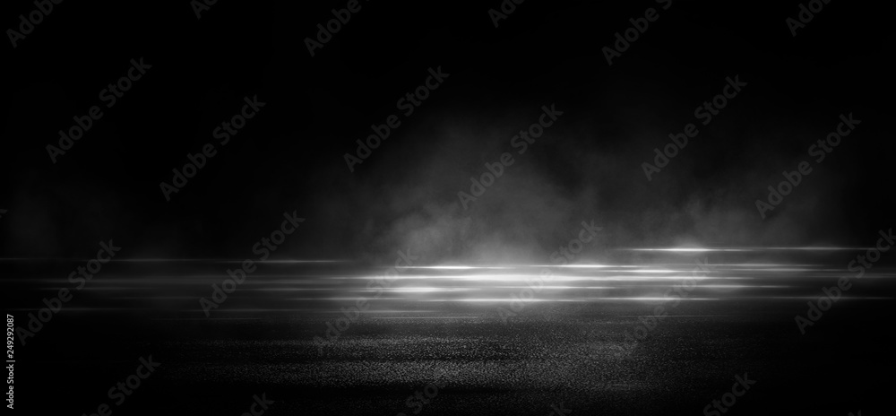 Wet asphalt, reflection of neon lights, a searchlight, smoke. Abstract light in a dark empty street with smoke, smog. Dark background scene of empty street, night view, night city. - obrazy, fototapety, plakaty 