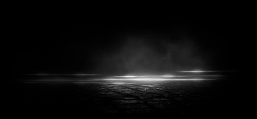 Wall Mural - wet asphalt, reflection of neon lights, a searchlight, smoke. abstract light in a dark empty street 