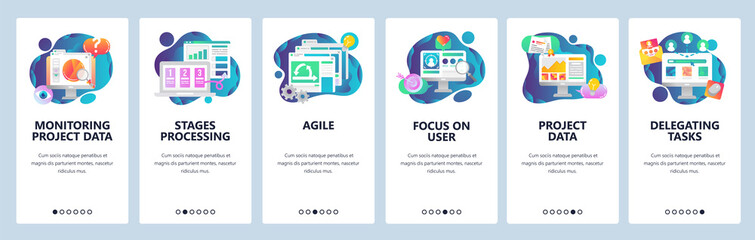 Web site onboarding screens. Business project development, monitoring and management. Agile and scrum process. Menu vector banner template for website and mobile app development. flat illustration.