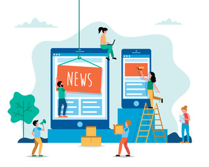 Wall Mural - creating news, internet news concept vector illustration in flat style. people working on website. c