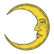 Moon with face color sketch engraving vector illustration. Scratch board style imitation. Hand drawn image.