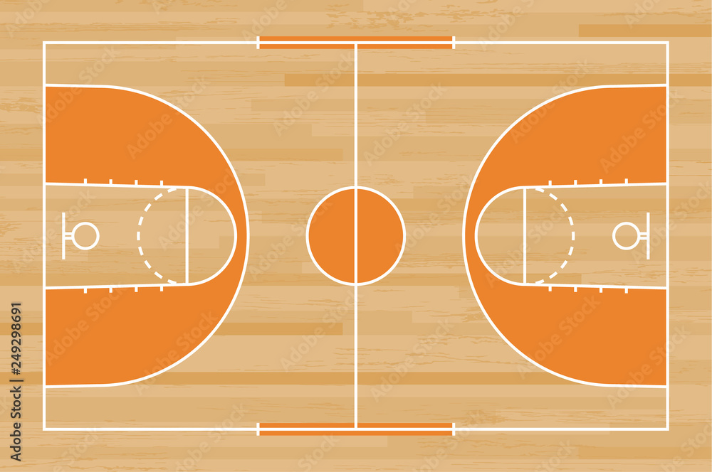 Basketball court floor with line on wood pattern texture background. Basketball field. Vector. - obrazy, fototapety, plakaty 