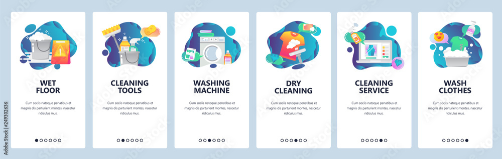 Web site onboarding screens. Cleaning, floor, washing clothes and dry laundry. Menu vector banner template for website and mobile app development. Modern design flat illustration. - obrazy, fototapety, plakaty 