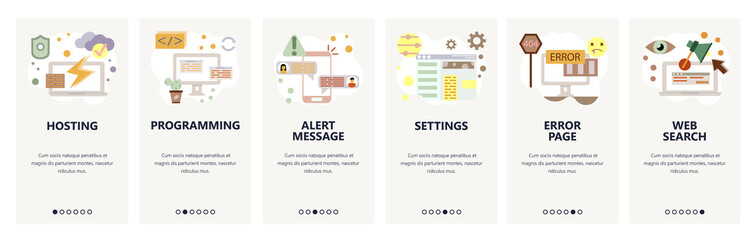 Web site onboarding screens. Internet services, programming and website coding, hosting. Menu vector banner template for website and mobile app development. Modern design flat illustration.