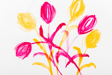 Poster - Top view of pink and yellow watercolor flowers on white background