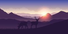 Two Wildlife Reindeers On Purple Mountain Landscape At Sunrise Vector Illustration EPS10
