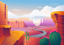  Wild West Texas. Landscape With Red Mountains, Cactus, Road And Clouds. Vector Illustration In Cartoon Style.