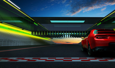 Wall Mural - Rear left angle view of a generic red brandless American muscle car on a race track background . Transportation concept .3d illustration and 3d render.