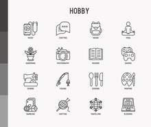 Hobby Thin Line Icons Set: Reading, Gaming, Gardening, Photography, Cooking, Sewing, Fishing, Hiking, Yoga, Music, Travelling, Blogging, Knitting. Modern Vector Illustration.