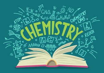 Wall Mural - Chemistry. Open book with doodles and lettering. 