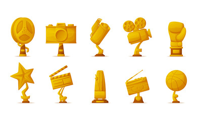 Wall Mural - music and sport, gold prize trophies for cinema vector. film reel and photo or video camera, star an