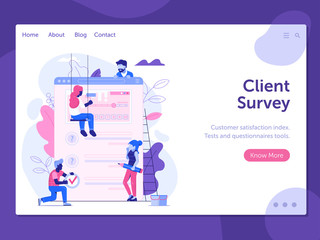 Wall Mural - Customer satisfaction index landing page template. Client feedback survey web banner. Test application form or questionnaire for marketing research. User experience exploration UI illustration.