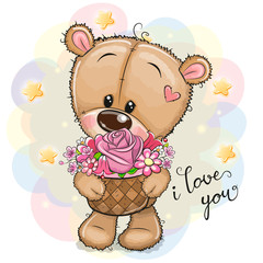 Wall Mural - cartoon teddy bear with flowers