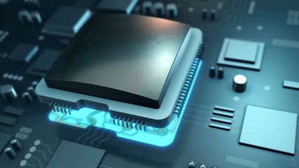 Wall Mural - computer motherboard and processor chip with data transfer. 4k uhd animation video.