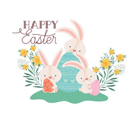 happy easter label with egg and flowers icon