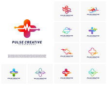 Set Of Plus Medical Pulse Logo Design Concept. Healthcare Pulse Logo Template Vector. Icon Symbol