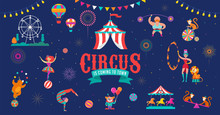 Circus Banner And Background With Tent, Monkey, Air Balloons, Gymnastics, Elephant On Ball, Lion, Jugger And Clown. Vector Illustration