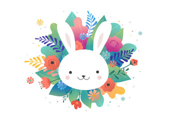 Wall Mural - Easter greeting card - flowers and cute bunny. Vector design