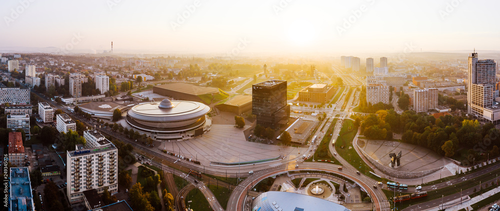 Beautiful sunrise over city center of Katowice - obrazy, fototapety, plakaty 