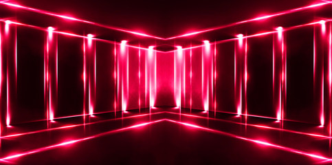 Wall Mural - background of empty room, lamps, neon light, smoke, fog. product showcase spotlight background. clea
