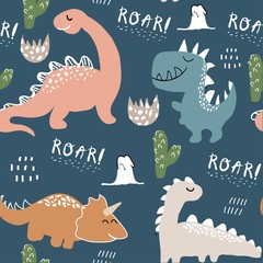 Wall Mural - childish dinosaur seamless pattern for fashion clothes, fabric, t shirts. hand drawn vector with lettering