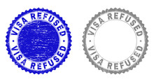 Grunge VISA REFUSED Stamp Seals Isolated On A White Background. Rosette Seals With Grunge Texture In Blue And Grey Colors. Vector Rubber Watermark Of VISA REFUSED Text Inside Round Rosette.