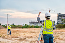 Surveyor Equipment. Surveyor’s Telescope At Construction Site Or Surveying For Making Contour Plans Are A Graphical Representation Of The Lay Of The Land Before Startup Construction Work