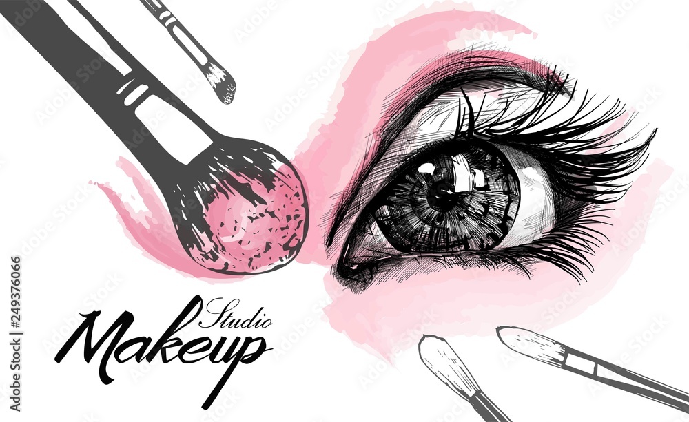 Vector hand drawn illustration of colorful women eye and makeup brushes. Concept for beauty salon, cosmetics label, cosmetology procedures, visage and makeup. - obrazy, fototapety, plakaty 