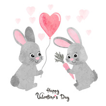 Watercolor Cute Bunnies In Love. Valentine's Day Card Design.	