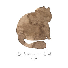 Watercolour brown cat isolated on white background. Cute simple animal hand drawn. Illustration style. Sign or symbol of a kitten. Paint element. Watercolor happy pet. Kids image.