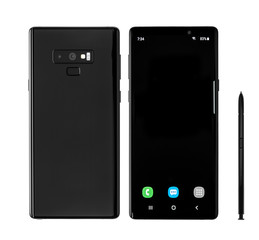 Modern smartphone with pen or stylus on a white background.