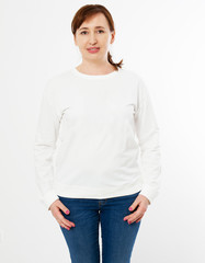 Canvas Print - happy modern woman in white pullover posing on white background - mock up