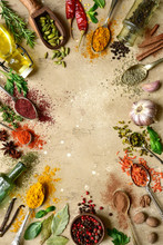 Assortment Of Natural Spices On A Spoons. Top View With Copy Space.