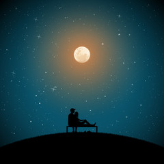 Sticker - Lovers sitting on bench on moonlit night. Vector illustration with silhouette of loving couple in park. Full moon in starry sky