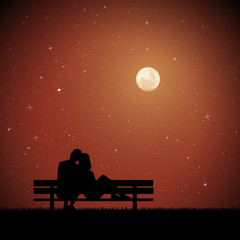 Sticker - Lovers sitting on bench on moonlit night. Vector illustration with silhouette of loving couple in park. Northern lights in starry sky. Full moon in starry sky.