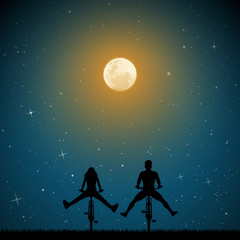 Sticker - Couple on bikes on moonlit night. Vector illustration with silhouettes of two cyclists with legs apart in park. Northern lights in starry sky. Full moon in starry sky.