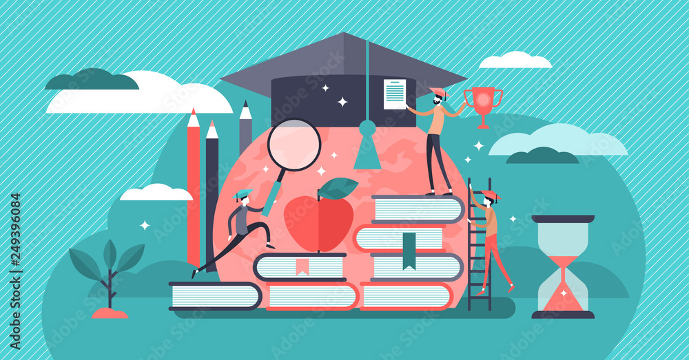 Education vector illustration. Flat tiny knowledge learning person concept. - obrazy, fototapety, plakaty 
